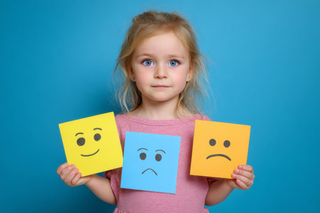 A child stands with three colored cards showing different facial expressions. The child looks thoughtful while engaging in an activity about emotions, set against a bright blue backdrop.の素材