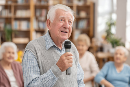 Senior man with white hair holds a microphone and shares stories at a community center. The audience of older women listens with smiles, enjoying the lively atmosphere.の素材
