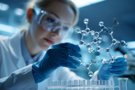 A scientist in a lab coat and gloves studies a molecular model while surrounded by test tubes and scientific equipment. This scene captures a moment of focused research and experimentation.の素材