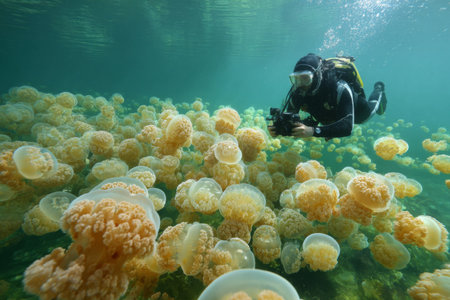 A diver explores a vibrant underwater scene filled with numerous jellyfish while using a camera to document the beautiful marine life in clear water.の素材