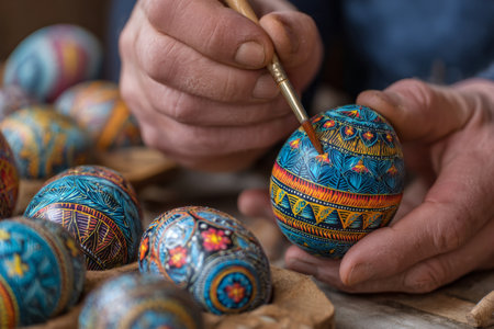 A person carefully paints intricate designs on a colorful egg in a workshop filled with vibrant decorative eggs. The scene captures the joy of traditional spring festivities.の素材