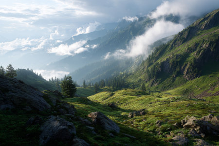 Scenic mountain view showcases lush green hills illuminated by soft morning light. Mist drapes over the peaks, creating a tranquil atmosphere in the wilderness.の素材