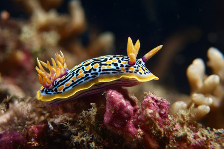 A nudibranch with vibrant colors moves slowly across the coral reef. The water is clear and sunlight filters through, creating a serene underwater scene. Coral formations surround the nudibranch.の素材