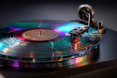 A vinyl record spins on a turntable, displaying radiant colors under soft lighting. The scene captures the beauty of music and nostalgia in an intimate setting.の素材