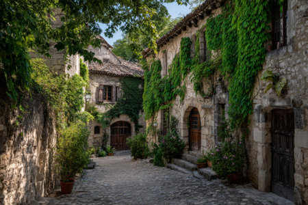 A serene cobblestone street winds through an enchanting village, with ivy-covered structures creating a lush and inviting atmosphere on a warm afternoon.の素材