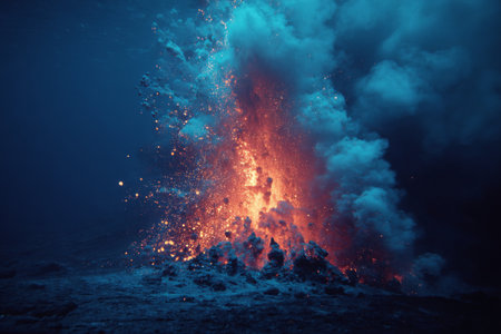 Bright orange lava bursts from the ocean floor amid clouds of steam and ash during a dramatic underwater volcanic eruption. The intense colors illuminate the dark depths.の素材