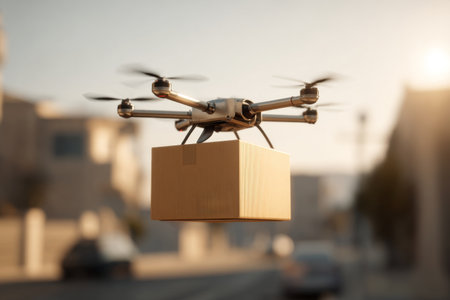 A delivery drone hovers above a city street, holding a small wooden box. The warm light from the setting sun casts a golden hue over the buildings, adding a serene atmosphere to the scene.の素材