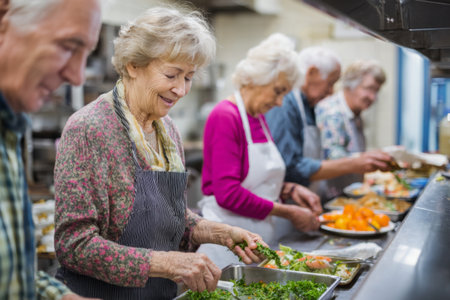 A group of older adults work together, chopping vegetables and arranging food in a community kitchen. They share smiles and laughter while contributing to their neighborhoods meal program.の素材