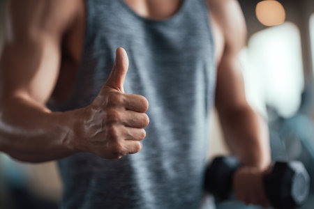 Man displays a thumbs up gesture while holding a dumbbell in one hand at the gym. He is wearing a sleeveless shirt and shows focus on his exercise routine.の素材