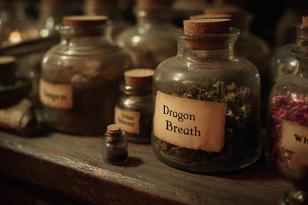 A charming apothecary scene features various glass jars filled with herbs and potions. Each jar has a label detailing its contents, creating a mystical atmosphere of alchemy.の素材