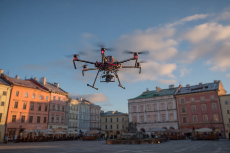 A drone hovers above a historic square filled with colorful buildings under a bright sky. The scene captures an inviting atmosphere with outdoor seating below.の素材