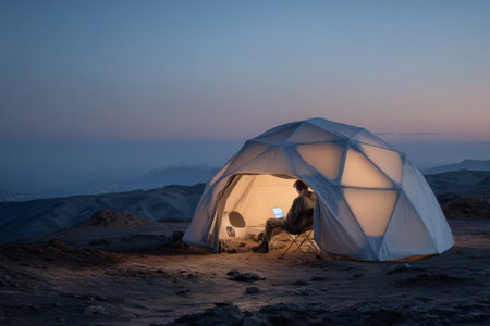 A person sits inside a geodesic dome tent on a rocky surface, working on a laptop while dusk settles over the mountains. Warm light emanates from the tent, creating a cozy atmosphere.の素材