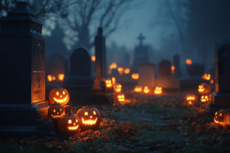 Pumpkins with cheerful faces glow softly among gravestones in a misty graveyard. The scene is set on a Halloween night, creating a spooky yet festive atmosphere.の素材