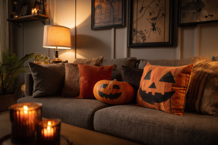 Soft light fills a cozy living room featuring a comfortable sofa adorned with Halloween-themed pillows. A carved pumpkin rests nearby, adding to the festive atmosphere.の素材