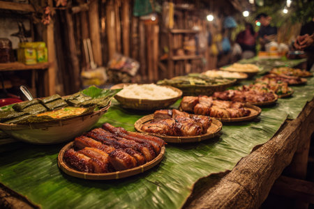 A vibrant display of various traditional dishes arranged on banana leaves at a festive gathering. The scene is warm, with soft lights creating a welcoming atmosphere. Guests enjoy the food.の素材
