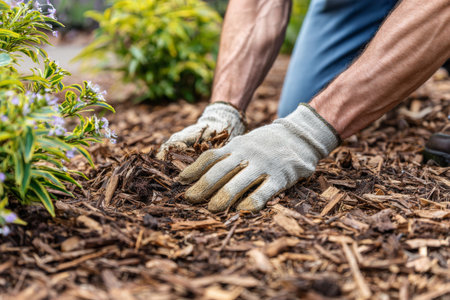 Hands wearing gardening gloves spread mulch around blooming flowers in a well-kept backyard. The sun shines brightly as the gardener works diligently to enrich the soil.の素材