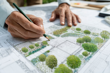 A person sketches a garden design using colored pencils on a blueprint. The setting is bright and outdoor, surrounded by greenery. Tools are laid out on the table for planning.の素材