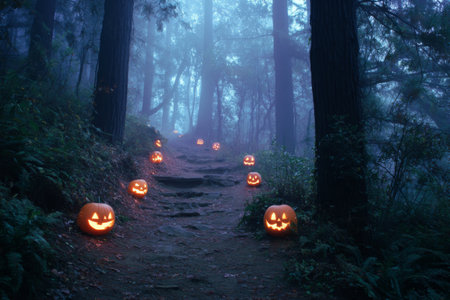 A winding forest path is lined with glowing carved pumpkins, casting an eerie light in the fog. The scene captures the essence of Halloween with its mysterious and spooky atmosphere.の素材