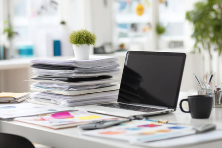 A well-organized home office features a laptop surrounded by stacks of papers and vibrant stationery. Natural light shines through the windows, creating a productive atmosphere.の素材