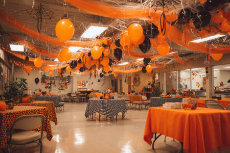 An indoor setting is vibrant with orange and black balloons, streamers, and spider webs. Tables are set with black and orange cloths, creating a lively Halloween atmosphere.の素材