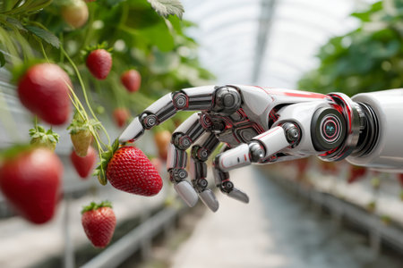 A robotic hand gently reaches for ripe strawberries in a bright greenhouse. The scene shows the blend of technology and agriculture, highlighting modern farming techniques.の素材