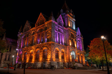 An ornate historic building is lit up with vibrant purple and orange lights at night. Surrounding trees display autumn colors, creating a beautiful park scene.の素材