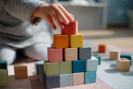 A young child is stacking colorful wooden blocks, creating a tower. Sunlight streams through the window, illuminating the cheerful play area filled with soft rugs.の素材