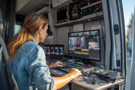 A broadcast technician manages live event coverage from a control van filled with screens and audio gear, focusing on seamless production. The atmosphere is concentrated and technical.の素材