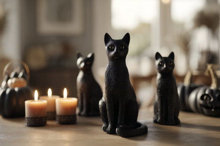 Black cat figurines sit on a table surrounded by lit candles, contributing to a warm and inviting feel in a stylish living room decorated for autumn.の素材