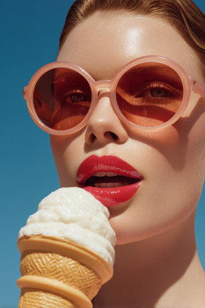 Bright sun shines on a woman wearing pink sunglasses, savoring a scoop of ice cream. Her bold red lips stand out, creating a fun summer vibe against the sky.の素材