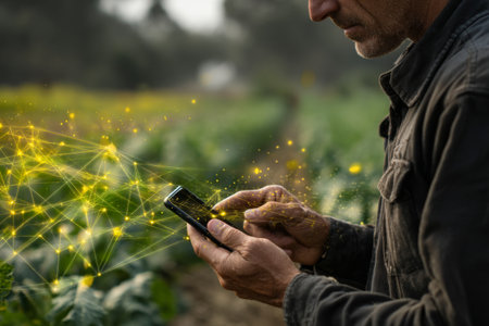 A farmer inspects data on a smartphone while standing among vibrant green crops. The scene is bright with digital connections visible, showing technology in agriculture.の素材