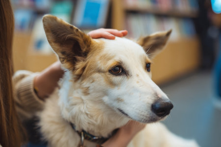 A friendly dog enjoys gentle pets from a person in a welcoming bookstore. Shelves filled with books create a warm atmosphere for both.の素材