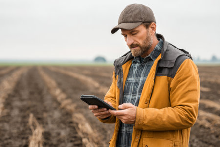 A farmer stands in a plowed field, focused on a tablet. The landscape is vast and open, with dark soil and a cloudy sky in the background. He is dressed warmly, indicating cooler weather.の素材