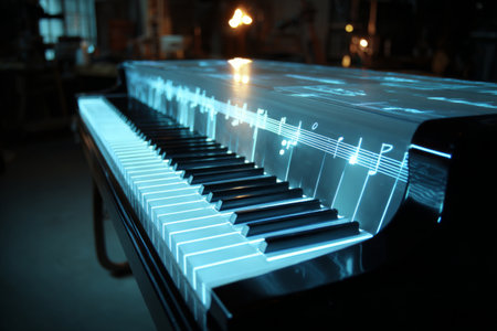 A piano with a unique projection system displays musical notes and sheet music on its surface. The setting is a dimly lit studio, creating an inspiring atmosphere for creativity.の素材