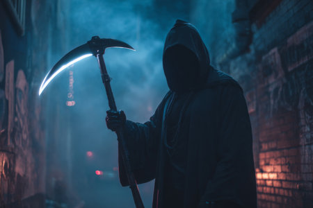 A shadowy figure dressed in a dark cloak holds a glowing scythe, surrounded by thick fog in an empty alley at night. The atmosphere is eerie and foreboding.の素材