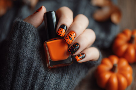 A hand with stylish nail art features orange polish, black accents, and Halloween motifs, placed against a gray sweater background with small pumpkins.の素材