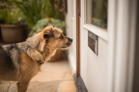A small dog stands attentively by a door, peering inside with curiosity. The setting features greenery and soft afternoon light, creating a peaceful atmosphere.の素材