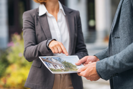 Two professionals engage in a discussion while reviewing a property photograph. They are outdoors in a garden, indicating collaboration and planning in a friendly setting.の素材