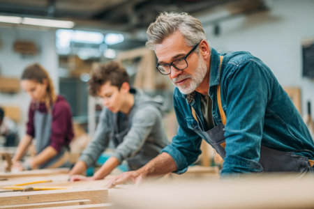 Three individuals are focused on woodworking projects in a workshop. An adult leads a group of young learners, sharing techniques and guidance in a bright environment.の素材
