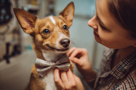A cheerful dog is wearing a stylish bow tie as a person gently adjusts it. The warm atmosphere highlights a close bond between them in a cozy space.の素材