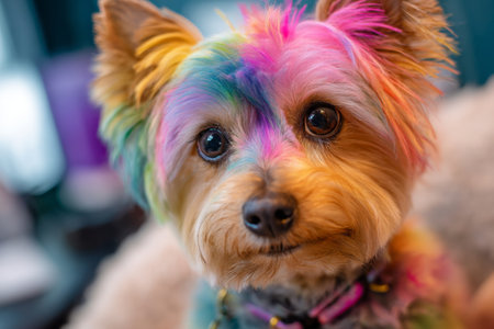 A small dog with vibrant rainbow fur sits calmly in a brightly lit indoor space. The dogs playful expression and colorful coat shine under soft lighting, adding joy to the atmosphere.の素材