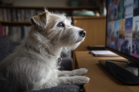 A small dog with white fur and brown patches sits on a couch, gazing intently at the television screen in a warm and inviting living room environment.の素材