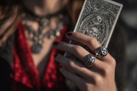 A person holds a tarot card in one hand while displaying ornate silver rings on the other. The scene captures an atmosphere of mystery during an outdoor gathering in daylight.の素材