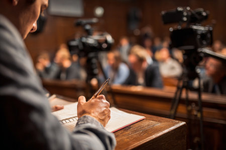 A journalist writes notes attentively in a courtroom during a legal proceeding. Cameras are set up to capture the testimonies and reactions of the audience present in the room.の素材