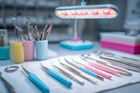 Various surgical instruments are organized on a table. Bright lighting enhances the details of the metal tools. Colorful containers hold additional supplies in a sterile environment.の素材