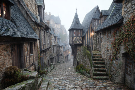 A tranquil scene in a medieval village shows narrow cobblestone streets lined with weathered stone houses. Fog envelops the area, creating a serene atmosphere during the early morning.の素材