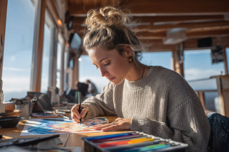 A young woman sits at a wooden table, focused on drawing with pencils. Sunlight shines through large windows, illuminating her creative process in a cozy studio.の素材