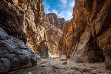 Two steep rock formations create a narrow path through the canyon. Sunlight streams in, casting shadows on the rugged terrain. A small stream runs along the canyon floor.の素材