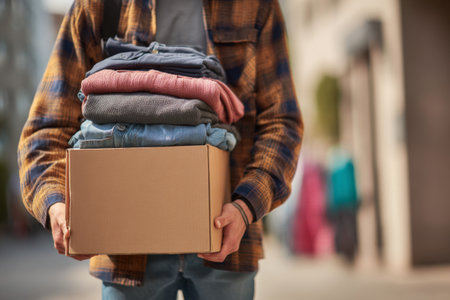 A person in a checkered shirt holds a cardboard box filled with folded clothes while standing in a bright urban area. The scene suggests a charitable act or donation.の素材