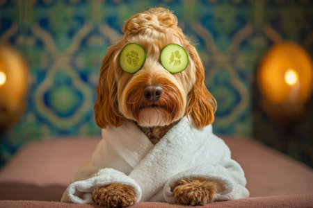A dog sits calmly on a treatment table wearing a soft white robe. Cucumber slices rest on its eyes, adding a fun touch to its relaxing spa day experience.の素材